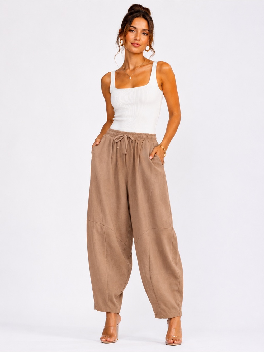 Casual Wide-Leg Drawstring Pants — Taupe